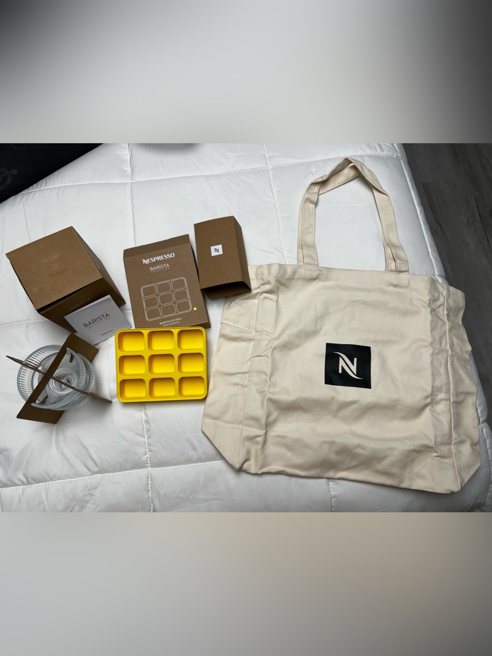 Nespresso Canvas Tote, Silicone Ice Tray, and affogato dishes